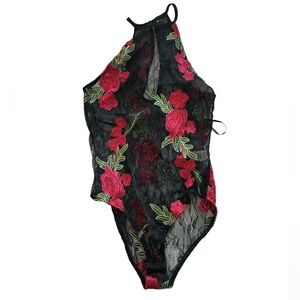 Black lace embroidered body suit